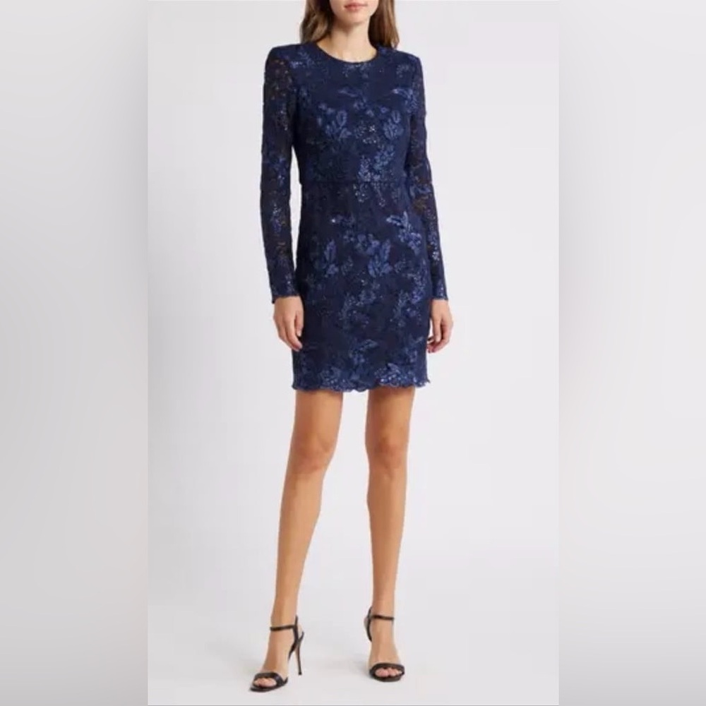 NWT Eliza J Long Sleeve Sequined Floral Cocktail Dress in Navy Blue
